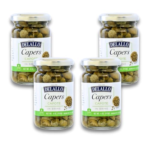 DeLallo Capote Capers in Brine, Large-Size Capers, For Sauces and Baked Chicken and Fish Dishes, Bright Tart Flavor, Non-GMO, Kosher, Vegan, 4 oz Jar, (4 Pack)