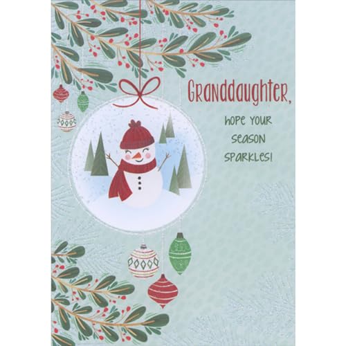 Designer Greetings Hope Your Season Sparkles: Smiling Snowman Inside Globe Ornament Juvenile Christmas Card for Granddaughter