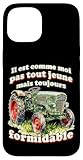 Humour tracteur. Citation humoristique collectionneur de tracteurs anciens, agriculteur, céréalier, fou des tracteurs et notamment des vieux tracteurs. Tracteur vintage vert & rouge avec texte : Il est comme moi, pas tout jeune mais toujours formidable.