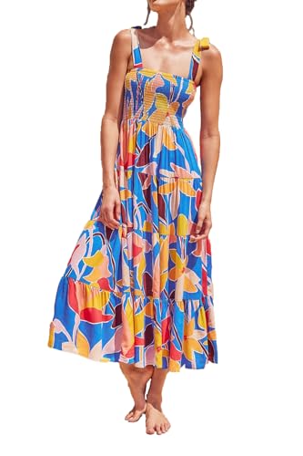 EIRUKON Vestido Mujer Verano Midi sin Mangas Elegante Boho Playa Impreso Cuello Cuadrado Casual Maxi Vestidos Largos,Multicolor,M
