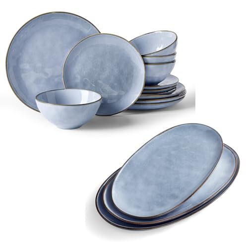 famiware 3 Pcs Oval Serving Platter and Dinnerware Set for 4 (12Pcs), Blue