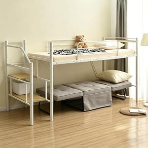 ロフトベッド パイプベッド シングル | 高さ130cm ロータイプ 階段付き | ハンガーポール4本 宮棚 コンセント付き 耐荷重150kg スチール製 収納 おしゃれ 一人暮らし 子供部屋 システムベッド (ホワイト, マットレス...