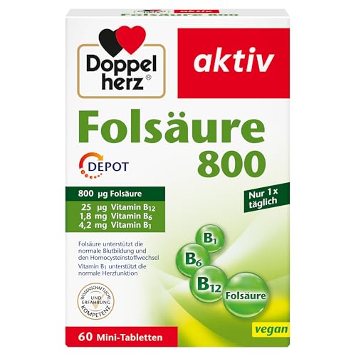 Doppelherz Folsäure 800 DEPOT - Mit Vitamin C + B-Vitamine zur Unterstützung der normalen Funktion des Immunsystems - VEGAN - 60 Mini-Tabletten