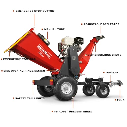 MechMaxx 6\'\' inch Honda 389cc 11.7HP Electric Start Gasoline Powered Engine 4-Wheels Towable Wood Chipper Shredder Mulcher with Towbar/Tail Light/Emergency Stop Button/Stop Bar, Model B150 Red