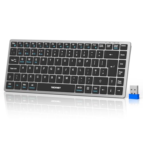 TECKNET 2.4G Wireless Keyboard Rechargeable Bluetooth Keyboard for 4 Multi Devices QWERTY UK Layout Compact Mini keypad Small Silent Keys for Laptop Phone Smart TV Computer Tablet - Silver