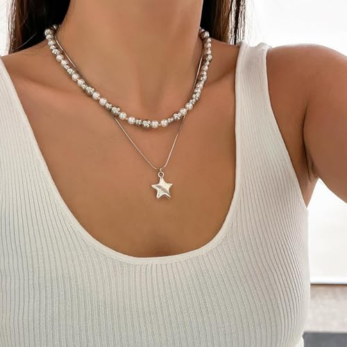 Juego de joyería unisex con cadena de serpiente fina, perlas de imitación y estrella 2