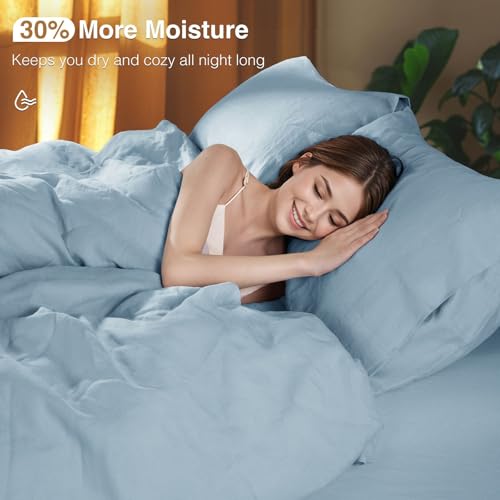SONORO KATE 100% French Linen Duvet Cover King Size, Soft Breathable for Hot Sleepers, Moisture Wicking & Durable Cover Set - Zipper Closure & 4 Corner Ties Duvet Covers 3 Piece (Dusty Blue,King)