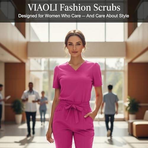 VIAOLI Fashion Scrubs for Women Set - Women Scrub Top and Belted Straight Leg Pants for Nurse Uniform Scrubs Set — view 2
