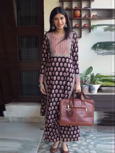 Image of ANNI Designer Women's Viscose Blend Straight Printed Kurta with Palazzo | Ethnic Indian Kurta Set | 3 /4 Sleeve Round Neck Traditional Dress | Festive Office Casual Outfit for Women