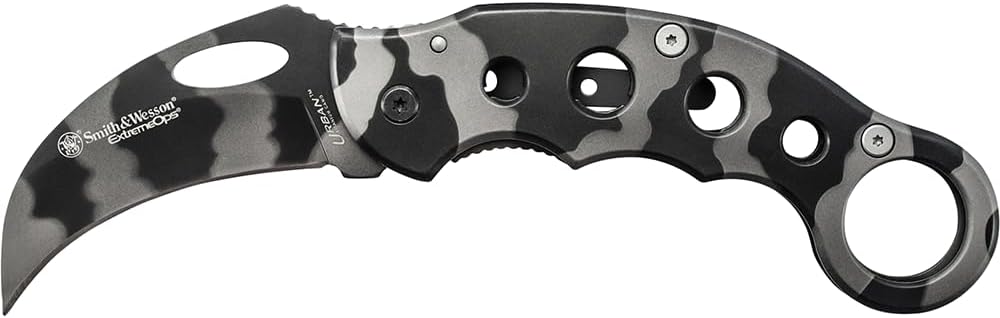 Smith & Wesson Extreme Ops Folding Karambit with 3" 7Cr Steel Blade, Finger Hole, Pocket Clip, for Tactical, Outdoors, and EDC