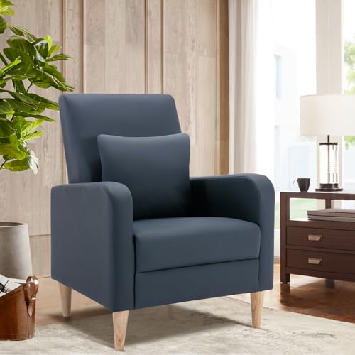 Image of COLAMY Modern Upholstered Accent Chair Armchair with Pillow, PU Leather Reading Living Room Side Chair,Single Sofa with Wood Legs, L-Blue