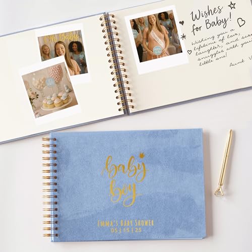 Image of Personalized Baby Shower Guest Book Polraroid Boy Girl First Birthday Custom Photo Album Scrapbook to Sign with Instax Photos Fits 4x6 or 5x7 Pictures Ultrasound Keepsake (Blue, Large - 11.7x8.3)