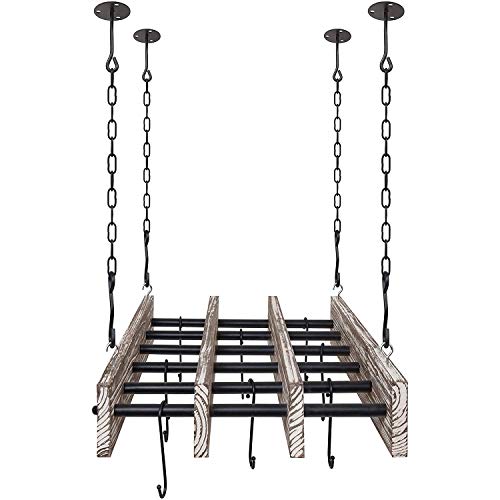 Mygift Ceiling-Mounted Pot And Pan Holder, Torched Wood And Metal Piping Hanging Storage Rack With 8 Hooks #TOP3