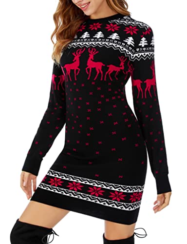 Migcaput Vestido Suéter de Mujer Ropa de Invierno Navidad Vestidos Mujer con Estampado Renos y Copos Nieve Vestido de Año Nuevo Vestido Punto Cálido Cover