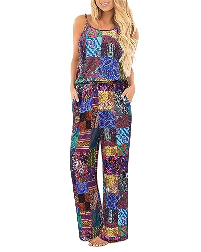 JFAN Damen Jumpsuit Sommer - Blumenprint Ärmellos Mit Taschen