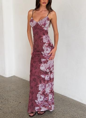 Image of ABINGOO Women Vintage Spaghetti Strap Maxi Dress Sexy Low Cut Backless Floral Satin Slip Long Dress Y2k Cami Bodycon Dresses