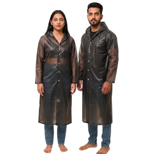 ORILEY EVA Waterproof Raincoat for Men & Women with Hood Reusable Lightweight Rain Poncho Full Sleeves Rain Coat with Button Closure Outdoor Rainwear for Camping Hiking & Travelling (Free Size, Black)