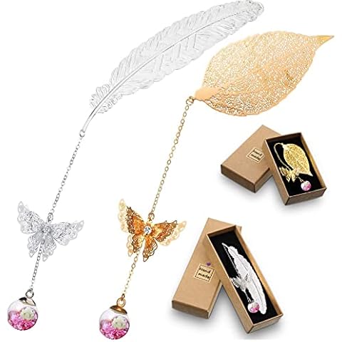 ZYNERY 2 Stück Feder und Blätter Personalisiert Lesezeichen, Silber Metall Feder Bookmark und Gold Blätter Lesezeichen Cover