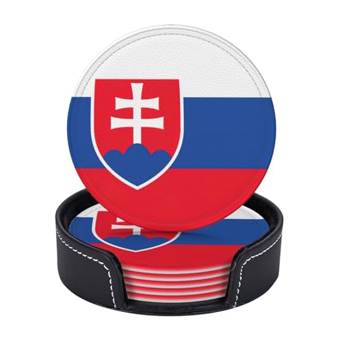 Lot de 6 sous-verres ronds en cuir synthétique avec support, motif drapeau de la Slovaquie