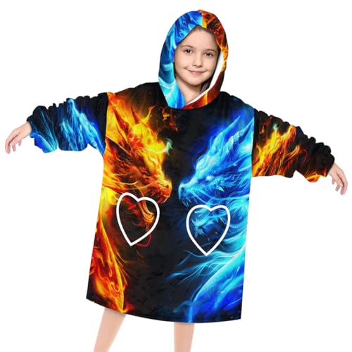 Wearable Blanket Hoodie for Kids, Fire Dragons Fleece Sweatshirt Blanket Oversized Blanket Sweatshirt with Pocket Flannel Warm Hooded Blanket 6-10 Year Old Girl Boy Gift, One Size