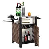Villeston Grill Cart Outdoor with Wheels, Outdoor Prep Table with Wicker Storage and Rolling Wheels, Samll Kitchen Island Serving Cart with Stainless Steel Table Top for BBQ, Porch, Patio, Brown