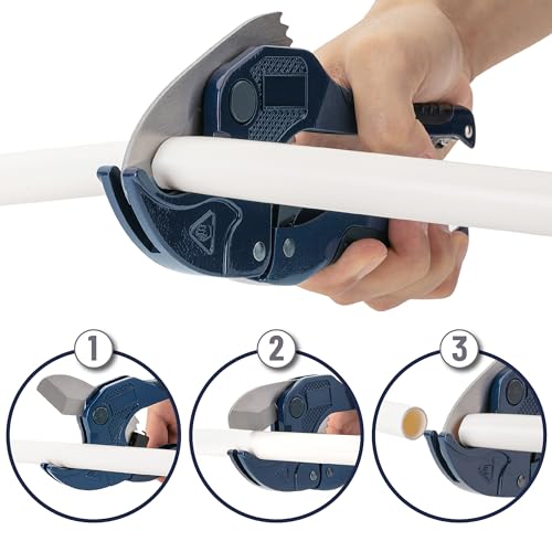 Image of Bates- PVC Pipe Cutter, Cuts up to 1-5 /8 inch, Ratchet Pipe Cutter, PEX Cutting Tool for Cutting PEX, PVC, PPR Plastic Hoses and Plumbing Pipes, Navy Blue