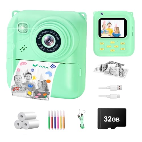 Image of Instant Print Camera for Kids, 1080P Video Camera with 3 Print Rolls | 32GB Card & Cute Cover, Gift for Girls Boys Age 3-12, Toddler Digital Camera with Games, Filters, Music - Green