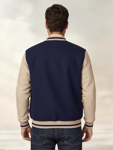 Image of CHKOKKO Men's Regular Varsity Jacket with Snap Button Closure and Patch Design Trendy Comfortable Outerwear for College Travel and Casual Wear