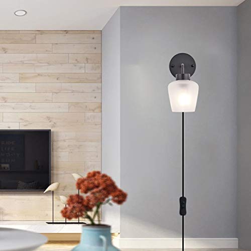 Tehenoo Plug In Wall Sconce With Frosted Glass,Modern Industrial Wall Lamp Light With On/Off Switch Cord For Living Room,Bedroom,Bar,E26 Base #TOP6