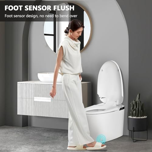 Smart Toilet, Auto Flush Smart Toilet, Modern Toilet for Bathroom, Elongated Smart Tankless Toilet with Heated Seat, Foot Sensor Operation, Automatic Flush, LED lights, White