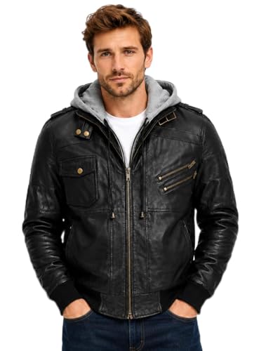 Image of Men's Leather Jacket Removable Hood | leather jacket Men | Black Leather Motorcycle Jacket