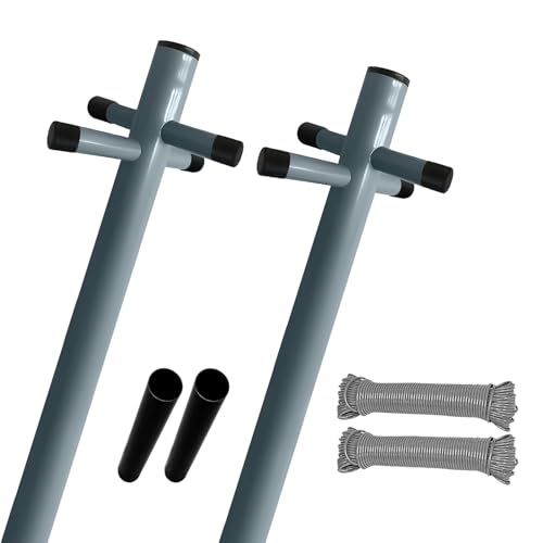 BLADO Heavy Duty Washing Line Poles for Outside - Galvanised Washing Line Post with Socket, 60m Nylon Rope - Metal Clothes Post for Outdoor Use (Grey, 2x)