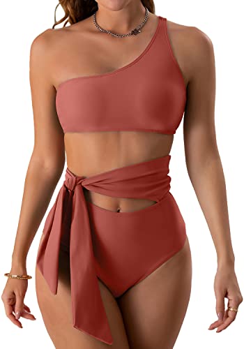 Eomenie Tummy Control Two Piece Bathing Suits For Women One Shoulder 2 Piece Swimsuit Tie Side High Waisted Bikini Caramel #TOP19