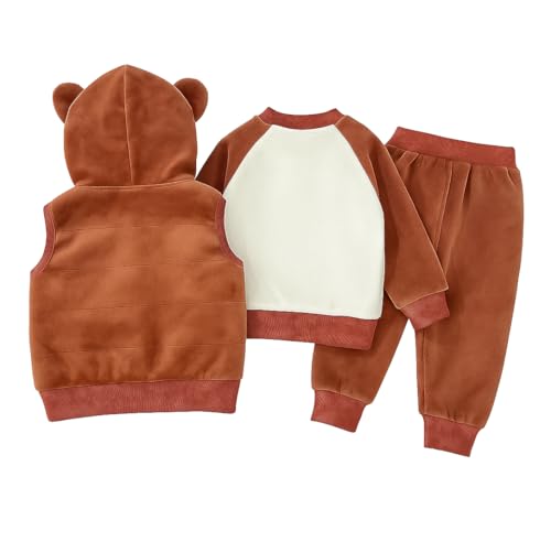Image of Bold N Elegant Cotton Blend Cute Cartoon Bear Graphics Winter Warm Sweatshirt Hood Jacket And Jogger Pant 3 Pc Layering Clothing Set For Infant Toddler Kids