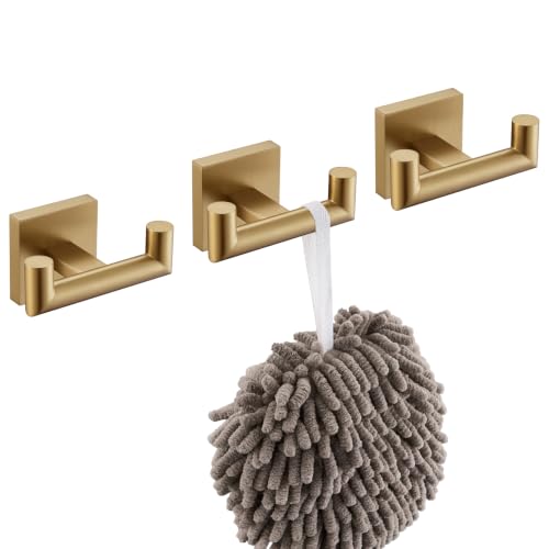 Image of KOKOSIRI Robe Hooks Bath Towel Hooks Bathroom Hardware Double Coat Hooks Wall Mounted, 3 Pack Champagne Bronze Stainless Steel B1015CPG-P3