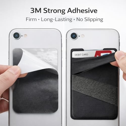Image of Mizi (2 Pack Adhesive Phone Stretchy Wallet, Card Holder for Back of Phone Stick on Cases, Unique Double Pocket Design + Finger Strap for iPhone /Android /Samsung Galaxy - Black