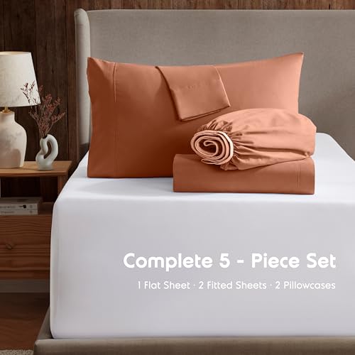 Image of Nestl Split King Bed Sheet Set - Rust - 5-Piece Deep Pocket | Instantly Soft, Night-One Ready (No Wash Required). Fits 16-Inch Deep Pockets, 360-Degree Elastic Grip
