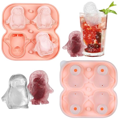Spetsbst Silikon Eiswürfelform Pinguin, Eiswürfelform Lustig 4pcs 3D Pinguin Eiswürfelformen, Ice Cube Tray Wiederverwendbar mit Deckel und Trichter, BPA-Frei, für Eis, Whiskey, Cocktail, Saft