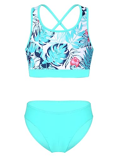 Kaerm Girls Quick Dry Rash Guard Sets with Bikini Bottoms Swimwear Beach Sport Tankini Green Palm Leaf 8 Years