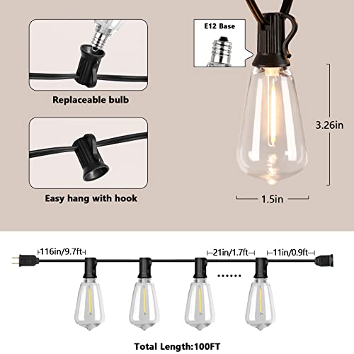 Sucolite 100FT Outdoor String Lights for Patio Waterproof Connectable ST38 LED Light String with 50+2 Vintage Edison Bulbs Dimmable Shatterproof Outside Hanging Lights Backyard Balcony Gazebo Bistro - Image 7