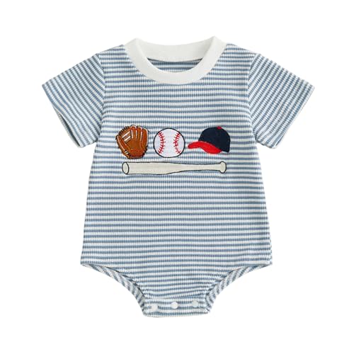 Lucikamy Newborn Baby Boy Girl Romper Funny Letter Embroidery Short Sleeve Round Neck Bodysuit Cute Infant Summer Clothes (blue baseball 3-6 Months)