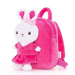Gloveleya Kids Backpack Girl Backpack Toddler Girl Backpacks with Stuffed Bunny Toy Rose Red 9”