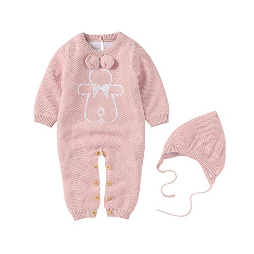 Verve Jelly Mameluco de punto para bebé recién nacido, niño y niña, mono con estampado de orejas de oso, mono sólido de manga larga, mono, ropa de otoño invierno con gorro cálido, rosa 90 12-18 meses