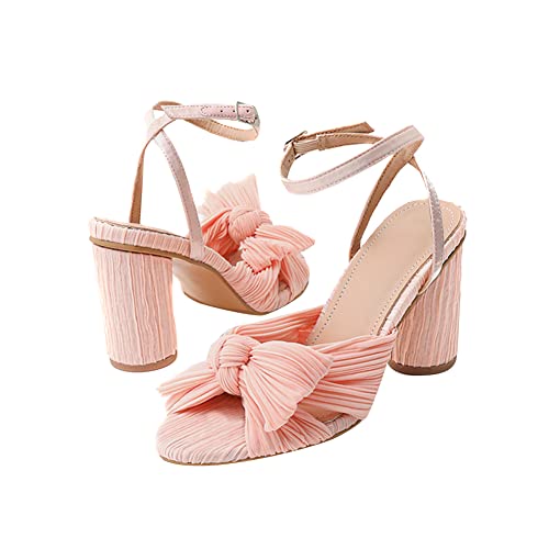 Eforcase 2022 Womens High Block Chunky Heel Sandals Solid Fashion Pleated Bow High Block Chunky Heel Sandals, Pure Open Toe Ankle Buckle Strap Heel Sandals Wedding Dress Shoes