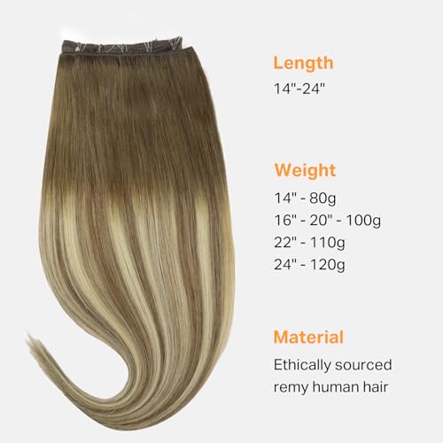 Image of DOORES Beaded Weft Hair Extensions Virgin Human Hair, 14 Inch 80g Balayage Walnut Brown to Ash Brown and Bleach Blonde Real Hair Natural Straight