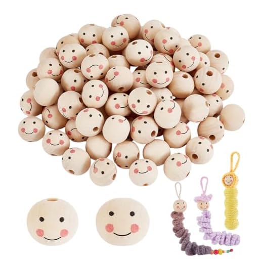 PandaHall 100pcs 19mm Natural Face Ball Wood Beads Spacer Beads for DIY Jewelry Bracelet Necklace Craft Making