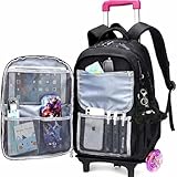 Mochila Escolar com Rodinhas LED, 3 Compartimentos, 4 Bolsos, Alça Dupla, resistente e regulagem de altura, Unisex (ROSA COM PRETO)