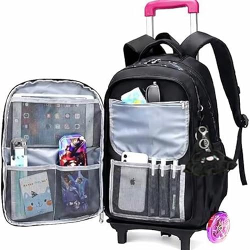 Mochila Escolar com Rodinhas LED, 3 Compartimentos, 4 Bolsos, Alça Dupla, resistente e regulagem de altura, Unisex (ROSA COM PRETO)