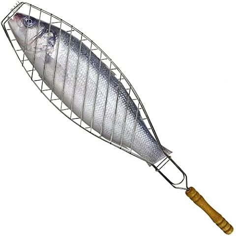 Luxed Barbecue Fish Grill Basket, Stainless Steel Grilling basket With Wooden Handle, Portable Outdoor Camping BBQ Rack for Seafood Meat Vegetables, Barbeque Griller Cooking Accessories Cover