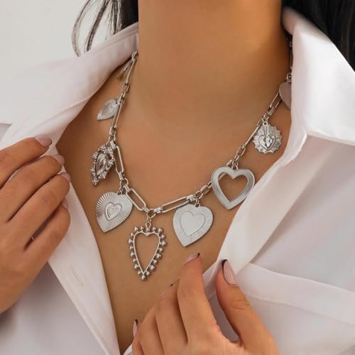 YOOESTORES82 Chunky Heart Pendant Charm Statement Necklace Gold Tone Layered Link Chain Necklaces for Women Romantic Trendy Jewelry Party Gift Glamorous Versatile4